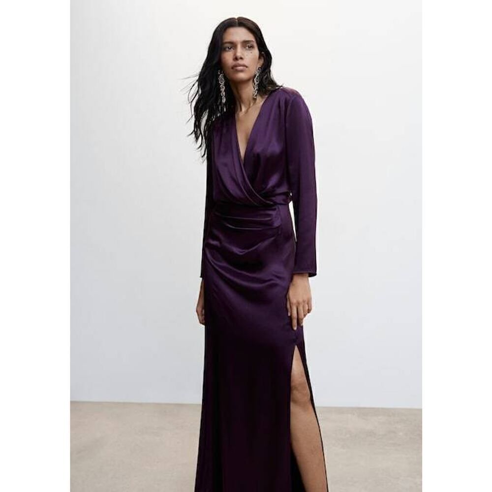 NEW! Mango MNG Purple vneck plunge open back Satin wrapped slit maxi dress US 4